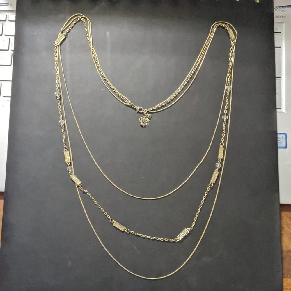 Gold Tone Yellow Rhinestone Clear Beaded Multi Strand Layered Statement Necklace